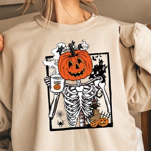 Pumpkin Skeleton Drinking Coffee Shirt,Comfort Colors Skeleton Pumpkin Shirt,Funny Halloween Sweatshirt,Skeleton Pumkin Head Coffee Shirt