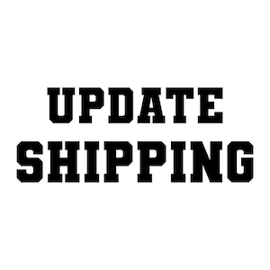 May include: Black and white text graphic that reads "UPDATE SHIPPING" in bold, block letters.