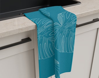 Teal and White Tropical Soft Tea Towel - Monstera Leaf Kitchen Towel - Tropical Design Hand Towel