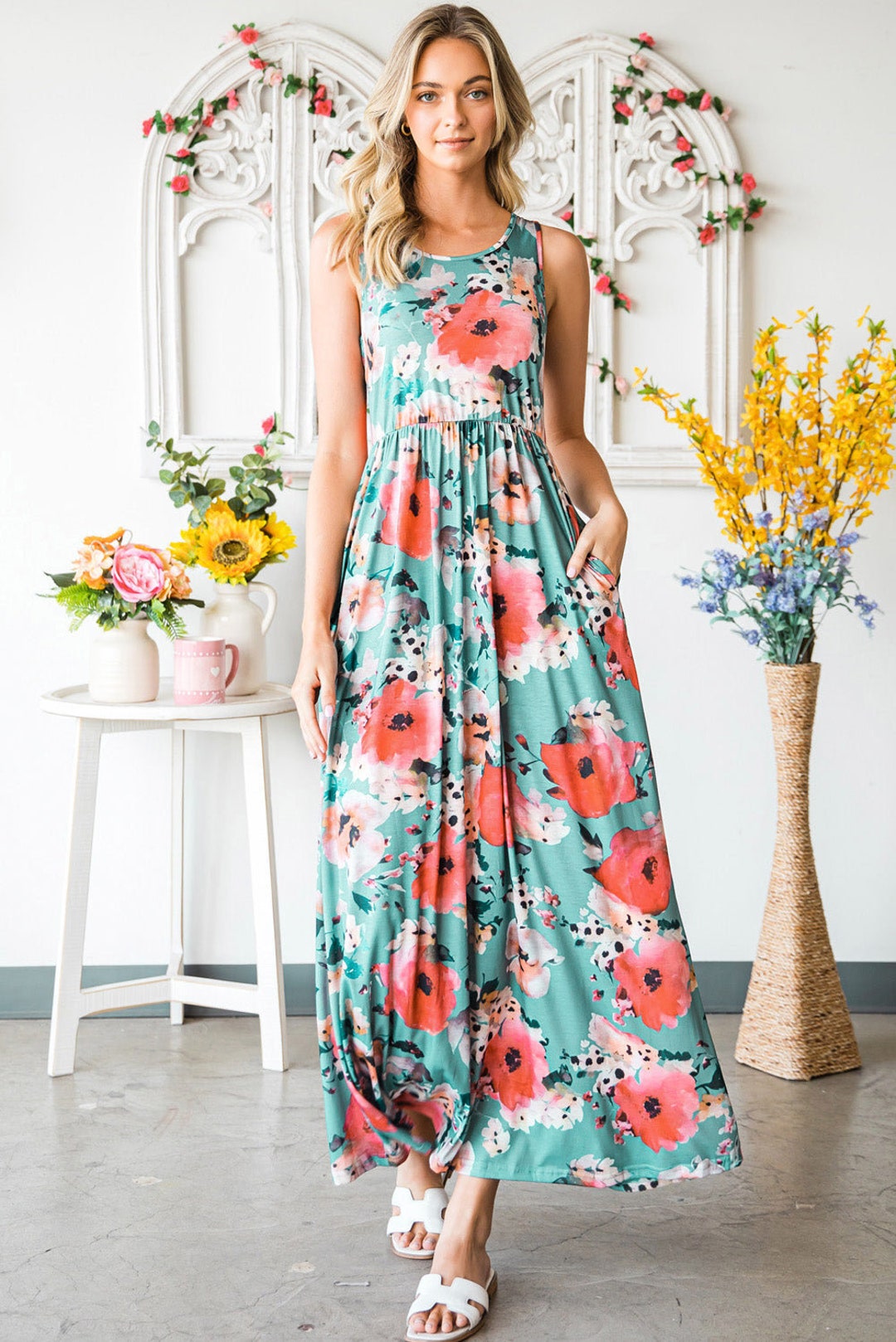 Floral Applique Mock Neck Sleeveless Maxi Dress