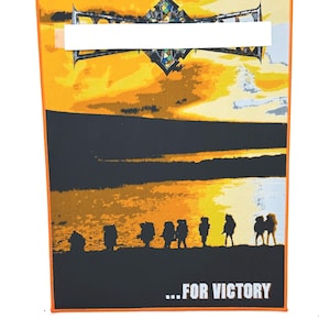 May include: Rectangular patch with an orange border. The design features a sunset scene with silhouetted figures walking towards the viewer. The text "...FOR VICTORY" is at the bottom. A white rectangle obscures part of the design.
