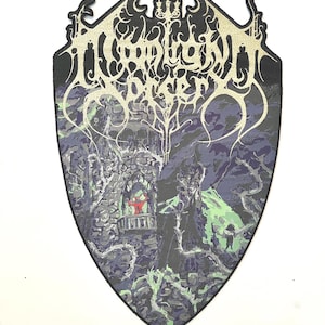 May include: A black and silver patch with the text "Hordom" in a gothic font. The patch features a detailed illustration of a castle scene with a red figure, surrounded by trees and green glowing elements.