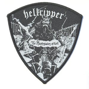 May include: Black and white patch with the text "hellripper" in gothic font. The patch features a detailed illustration of a skeletal figure and the words "The Manifestation of Evil". The patch has a shield shape.