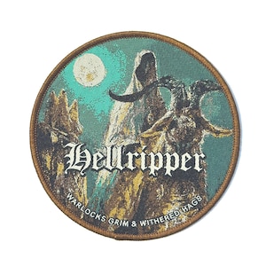 May include: A circular embroidered patch with a brown stitched border. The design features a teal background with a full moon, a hooded figure, and a goat head. The text reads Hellripper and WARLOCKS GRIM & WITHERED HAGS in white lettering.