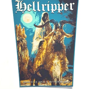 May include: A rectangular patch with a teal border features a fantasy illustration. The image depicts a goat-like creature with large horns, a hooded figure, and a full moon against a dark blue sky. The word "Hellripper" is at the top.