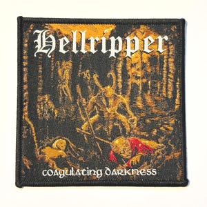 May include: Black square patch with the word "Hellripper" in white gothic font. The patch features a detailed illustration of a demonic figure in a forest setting, with the text "coagulating darkness" below the image.