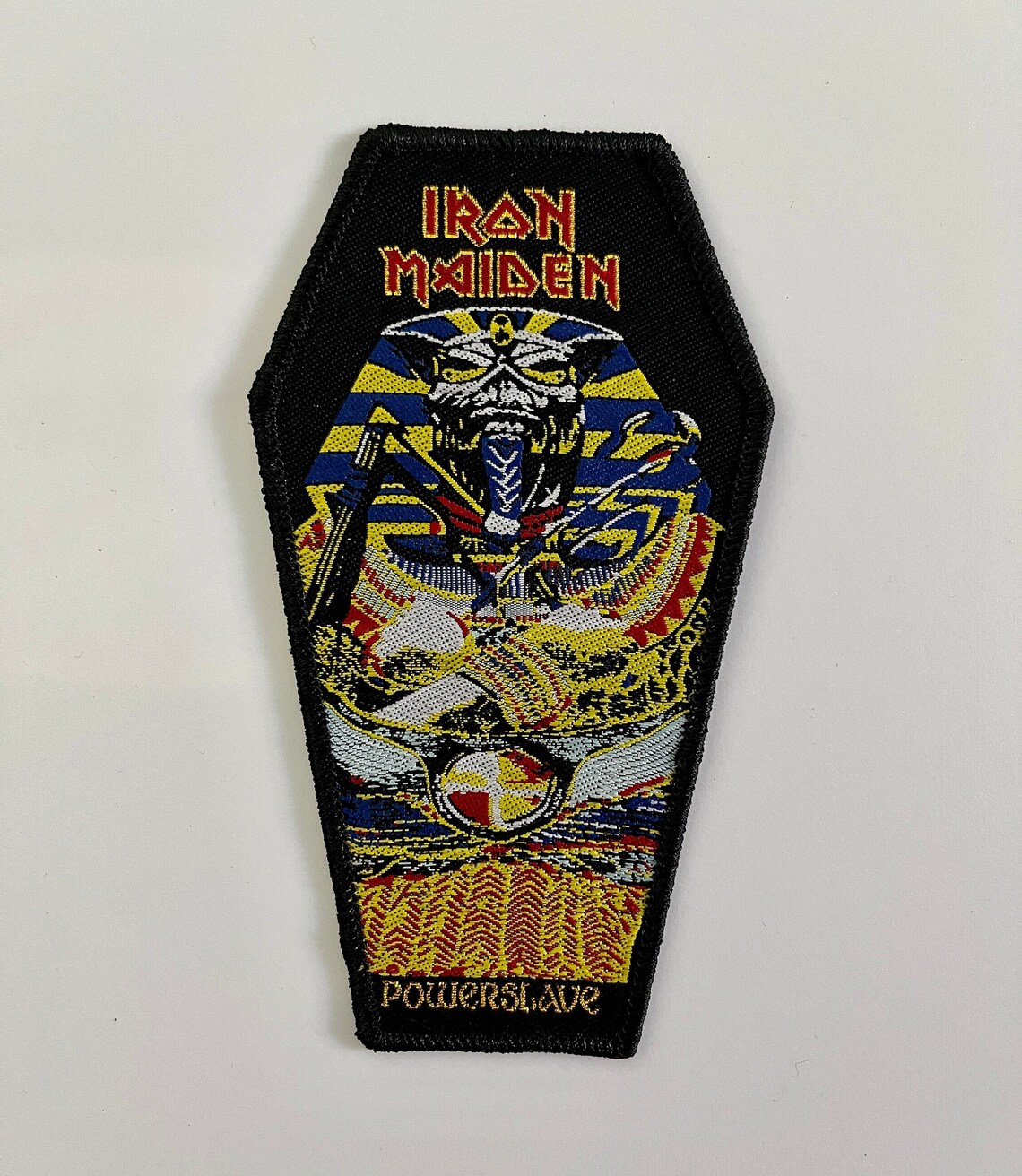 Iron Maiden Powerslave Coffin Shape Black Border Woven Patch Etsy