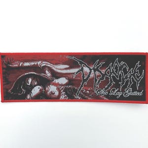 Disgorge - She Lay Gutted RED Border Officially Licensed WOVEN Strip Patch Sold Out Direct NEW