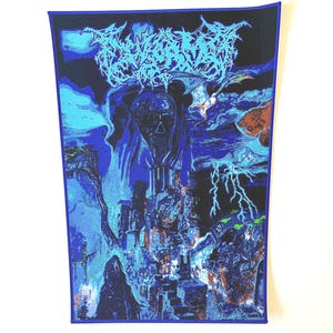 May include: A rectangular fabric wall hanging featuring a dark, intricate graphic print in shades of blue, black, and white. The design depicts a central skull, lightning bolts, and shadowy figures, with stylized, illegible text at the top.