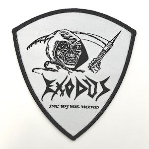 May include: A white patch with a black border featuring a Grim Reaper graphic holding a scythe. The word "EXODUS" is displayed in bold, stylized letters, with "DIE BY HIS HAND" below.