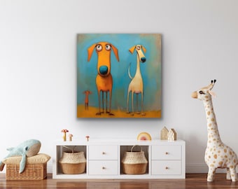 Doggy Duo, dog art, puppy art, nursery wall art, airbnb wall art, nursery decor, airbnb wall decor, dog lovers, orange and teal color