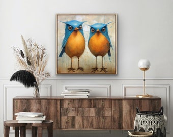 Bird Buddies, blue birds, nature wall art, whimsical wall art, bird lovers, bird wall decor. Birds and nature, health, wellness, mindfulness