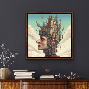 Könnte beinhalten: Ein surrealistisches Gemälde eines Mannes mit einer Stadt, die auf seinem Kopf gebaut ist. Die Stadt besteht aus bunten Gebäuden und Türmen, und es gibt Wolken am Himmel. Das Gesicht des Mannes ist realistisch gemalt, und er hat einen nachdenklichen Ausdruck.