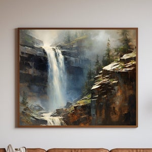 Mountain Waterfall Painting Canvas Art | Deep Blue and Frothy White Cascade, Earthy Tone Landscape | Rustic Artwork Wall Decor