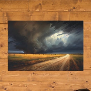 May include: A painting of a dirt road leading into a field with a dramatic stormy sky overhead. The sky is dark and stormy with a bright light shining through the clouds. The road is dusty and the field is green.