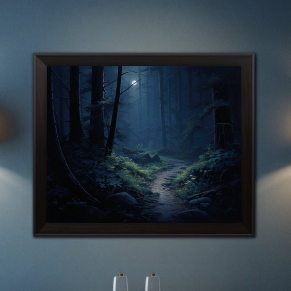 Enchanting Midnight Forest Painting Canvas Print | Ethereal Moonlight Dark Forest Nature Art Print | Blue Silver Wall Art Home Decor