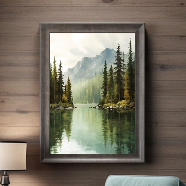 Lake and Mountain Painting | Serene Earth Tones Nature Decor Canvas Art | Gray Sky, Calm Water Mountain Art | Cozy Nature-inspired Decor