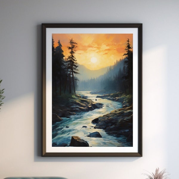 Peaceful Morning River Painting Art Print | Warm Gold Mountain Sunrise over Deep Teal and Slate Blue Waters | Serene Landscape Wall Art