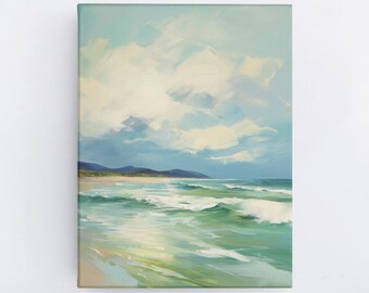 May include: A painting of a seascape with a blue sky, white clouds, and green waves crashing on a sandy beach. The painting is framed and hanging on a white wall.