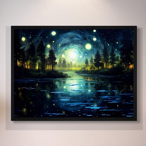 Dreamy Firefly Lit Night Over Tranquil Lake Printable Painting | Starry Night Sky Wall Decoration |  Contemporary Home Decor