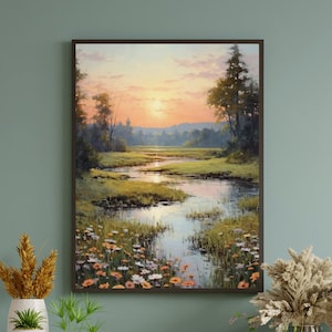 Morning Meadow Gouache Painting Framed Canvas: Pastel Sunrise, Tranquil Creek Reflection, Earthy Green Landscape, Soothing Rustic Wall Decor