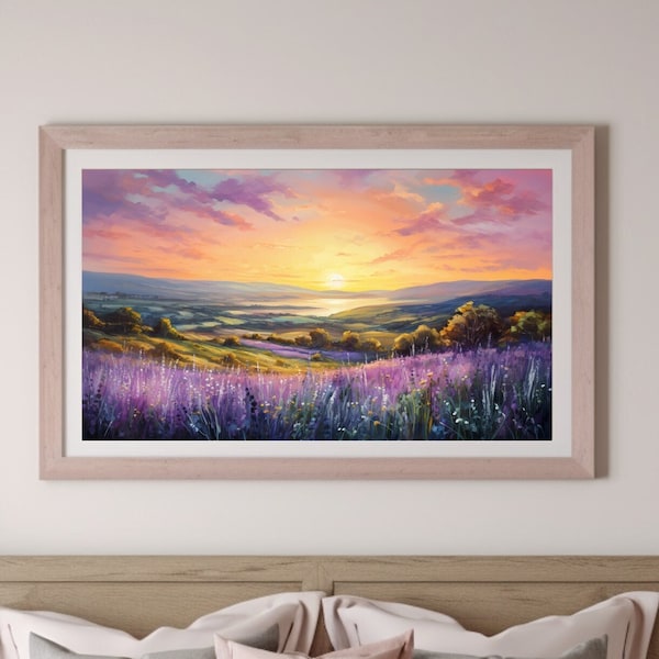 Pastel Sunset Lavender Field Painting | Rose Gold Sun Over Tranquil Rolling Hills | Soothing Art Print for Calming Country Chic Home Decor