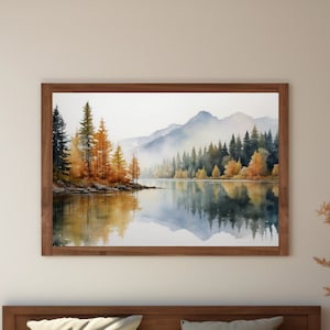 Autumn Lake Reflections | Serene Mountain Watercolor Painting | Canvas Print Wall Art | Farmhouse & Lodge Home Decor