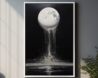 Lunar Drip Art: Black & White Moon Canvas Print, Modern Surrealist Decor