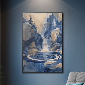 Dreamy Ink Wash Waterfall Art Tranquil Blue Tones Nature Wall Art Canvas Serene Landscape Home Decor