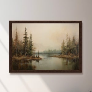 Rustic Nature Landscape Painting | Cozy Forest Canvas Art | Misty Lake & Earth Tones | Farmhouse Cabin Decor