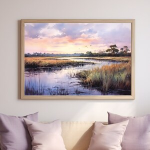 Wetlands Watercolor Painting: Tranquil Pastel Sky Canvas Art