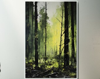 ネオンウッズの抽象的な森の絵画：モダンなホームキャンバスウォールアート