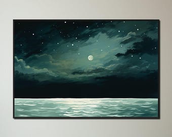 Arte mural oceánico: Noche oceánica a la luz de la luna en tonos turquesa, impresión en lienzo.