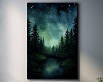 Starry Night Dark Forest Canvas Wall Art, Starlit Pines Artwork, Peaceful Forest Reflections Lake Painting for Relaxing Rustic Cabin Decor