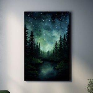 Starry Night Dark Forest Canvas Wall Art, Starlit Pines Artwork, Peaceful Forest Reflections Lake Painting for Relaxing Rustic Cabin Decor