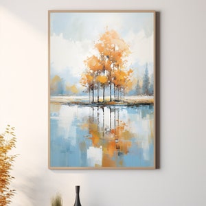 Autumn Tree River Painting | Soft Beige, Orange & Blue Landscape Art | Shabby Chic Canvas Print Wall Art | Tranquil Home Decor