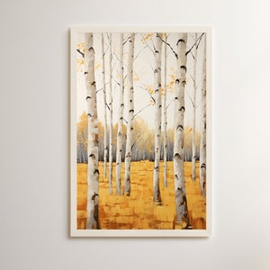 Birch Tree Canvas Wall Art | Tranquil Forest Fall Decor Nature Painting | Yellow Gray Wall Art | Country Farmhouse, Contemporary Home Decor