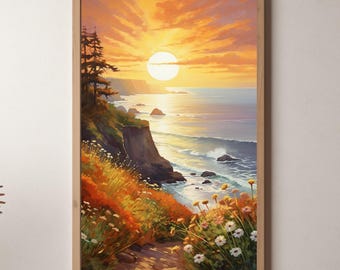 Seascape Canvas Print: Sunset Wildflower Coastal Art