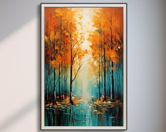 Abstract Forest Canvas Art | Emerald Green, Teal & Orange Autumn Trees Wall Art | Modern Farmhouse Home Decor