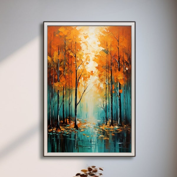 Abstract Forest Canvas Art | Emerald Green, Teal & Orange Autumn Trees Wall Art | Modern Farmhouse Home Decor