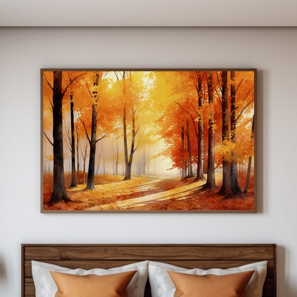 Autumn Radiance | Sunlit Maple Trees Canvas Art | Warm Earth Tones Watercolor Nature Painting | Fall Decor for Contemporary Homes