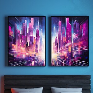 Neon Cityscape Canvas Art: Retro Futurism Diptych Set