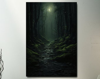 Moonlit Forest Trail Canvas Print: Mystic Woodland Wall Art