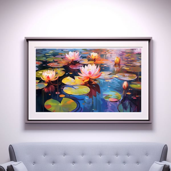 Lotus Wall Art, Lotus Art with Vibrant Colors & Fluid Lines, Serene Water Scene - Printable Art, Ideal for Modern Homes and Nature Lovers