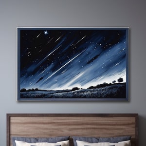 Nightfall Infinite: Elegant Ink Wash Painting Print | Starry Night Landscape Canvas Wall Art | Shooting Star Artwork | Peaceful Home Decor