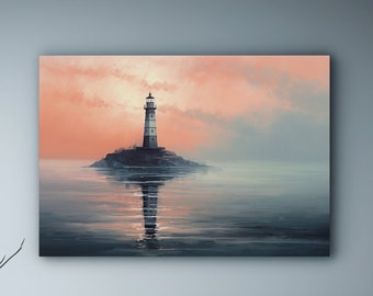 Lighthouse Sunset Canvas Art: Coastal Seascape Painting