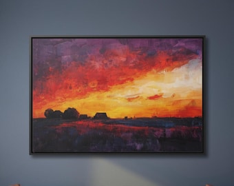 Cuadro de atardecer: Atardecer ardiente sobre campos de cultivo, impresión en lienzo, arte mural de paisaje, arte para encima de la cama.