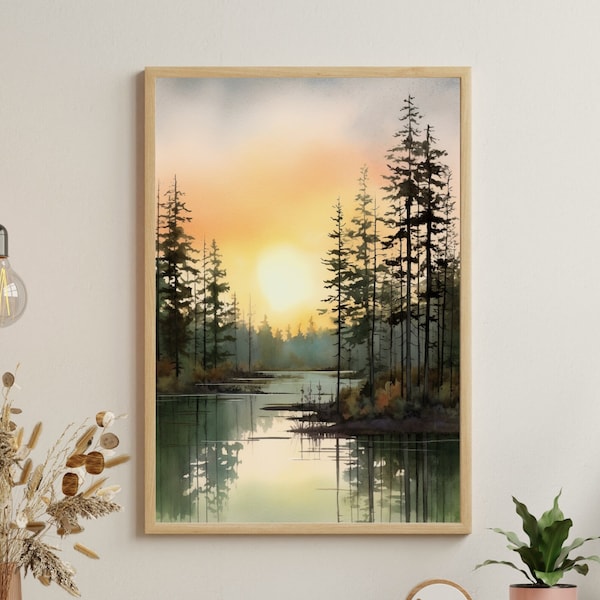 Peaceful Pine Forest Silk Painting, Twilight Lake Reflection Artwork, Earthy Color Palette, Tranquil Pastel Landscape, Serene Rustic Decor