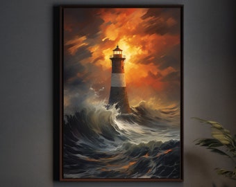 Stormy Lighthouse Canvas Art | Moody Gray Tones Seascape | Warm Orange Beacon | Coastal Contemporary Wall Decor