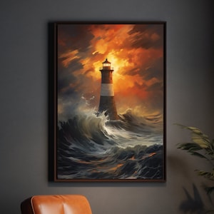 Stormy Lighthouse Canvas Art | Moody Gray Tones Seascape | Warm Orange Beacon | Coastal Contemporary Wall Decor